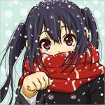 1girl black_hair cat coat gloves jungon k-on! long_hair lowres nakano_azusa pose red_eyes scarf twintails 