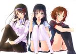  3girls black_hair black_legwear blue_eyes brown_eyes brown_hair green_eyes green_panties hairband highres kazeno long_hair multiple_girls original panties panties_under_pantyhose pantyhose school_uniform short_hair sitting skirt thigh-highs thighband_pantyhose underwear white_legwear white_panties 