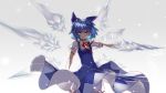  1girl blue_eyes blue_hair bow cirno dress hair_bow ice ice_sword ice_wings outstretched_arm short_hair smile solo touhou wings 