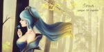  1girl aqua_hair bare_shoulders bird blonde_hair breasts character_name closed_eyes fingernails gradient_hair hair_ornament hairclip jewelry large_breasts league_of_legends long_hair multicolored_hair nail_polish ring roseberries solo sona_buvelle tree twintails watermark 