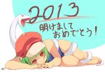  bakemonogatari barefoot blush foge green_hair hat highres lying monogatari_(series) on_side red_eyes sengoku_nadeko short_hair snake swimsuit 