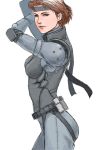  1girl belt bodysuit breasts brown_hair bulletproof_vest ear_studs earrings elbow_pads green_eyes headband izo jewelry meryl_silverburgh metal_gear metal_gear_solid short_hair sneaking_suit 