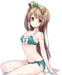  1girl bare_legs bare_shoulders bikini bow brown_eyes brown_hair green_bikini hair_bow irimo-m long_hair looking_at_viewer love_live!_school_idol_project minami_kotori navel one_side_up parted_lips sitting solo swimsuit 