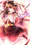  1girl armpits arms_up ascot bow breasts brown_eyes brown_hair cherry_blossoms cleavage collarbone detached_sleeves flower gohei hair_bow hair_tubes hakurei_reimu kotonoman long_sleeves looking_at_viewer open_mouth petals shirt sideboob skirt skirt_set solo touhou wide_sleeves 