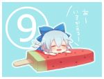  1girl blue_hair blush bow cirno dress food fruit hair_bow ice ice_cream ice_wings mtut7 open_mouth ribbon short_hair solo touhou watermelon wings 
