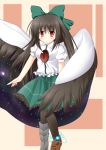  1girl :o bird_wings black_hair blouse blush bow cape greaves hair_bow light_trail long_hair looking_at_viewer mismatched_footwear pantyhose red_eyes reiuji_utsuho short_sleeves simple_background siroimoyasi skirt solo star_print striped striped_background third_eye touhou 
