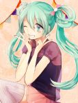  1girl blue_eyes double_v green_hair grin hatsune_miku long_hair skirt smile solo syutyou thigh-highs twintails v vocaloid wink 