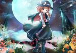  1girl bow brown_hair cape dress_shirt flower full_moon hair_bow hand_on_own_chest hat hat_ribbon head_tilt looking_at_viewer moon moonbeam mountain necktie night night_sky ribbon risutaru rock shirt short_hair skirt skirt_hold sky smile solo standing star_(sky) starry_sky touhou usami_renko yellow_eyes 