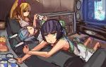  3girls :3 ahoge arcade_stick barefoot black_hair blonde_hair bow controller couch dodonpachi dodonpachi_saidaioujou dress game_controller gamepad green_eyes hair_bow hair_ornament hikari_(saidaioujou) huge_ahoge jitome joystick long_hair maria_(saidaioujou) multiple_girls pan!ies playing_games ponytail red_bull red_eyes short_hair shuri_(saidaioujou) silver_hair speaker television video_game xbox_360 