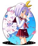  1girl cherry_blossoms highres hiiragi_tsukasa lucky_star petals purple_hair rindou_(awoshakushi) school_uniform serafuku short_hair violet_eyes 
