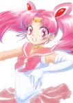  1girl :o bishoujo_senshi_sailor_moon bowtie chibi_usa elbow_gloves gem gloves pink_eyes pink_hair sailor_chibi_moon sailor_collar skirt solo twintails white_background you_sho 