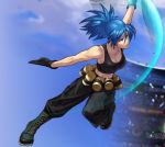  1girl attack blue_eyes blue_hair boots breasts cleavage earrings gloves jewelry king_of_fighters king_of_fighters_xii leona_heidern midriff official_art ogura_eisuke snk solo tank_top 