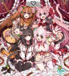  4girls :d ahoge animal_ears bell black_hair black_legwear blush breasts brown_hair cat_ears cat_tail cleavage detached_sleeves fang flower hair_flower hair_ornament highres jingle_bell large_breasts long_hair long_sleeves looking_at_viewer multiple_girls open_mouth original petals pink_eyes pink_hair pink_legwear red_eyes ribbon sitting skirt smile tail tail_bell tail_ribbon takatsuki_ichi thigh-highs yellow_eyes 