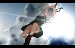  1girl bow clouds dress_shirt hair_over_one_eye hair_ribbon katana konpaku_youmu letterboxed mary_janes ribbon shirt shoes short_hair skirt skirt_set smirk solo sunlight sword tomon_(slash0410) touhou weapon 