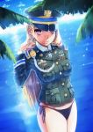  1girl bikini bikini_bottom blonde_hair lavender_eyes long_hair military military_uniform side-tie_bikini siqi_(miharuu) swimsuit uniform violet_eyes 