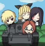  4girls black_hair blonde_hair business_suit closed_eyes girls_und_panzer glasses green_hair ikezawa_hanako katawa_shoujo long_hair multiple_girls necktie nervous orange_hair purple_hair redhead satou_akira satou_lilly self-propelled_gun shirakawa_yuuko short_hair smile stug_iii wink 