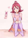  1girl aida_mana blush dokidoki!_precure half_updo heart interlocked_fingers open_mouth outstretched_arms pink_eyes pink_hair precure purea sharuru_(dokidoki!_precure) short_hair sitting skirt solo thigh-highs 