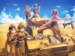  5girls belt binoculars black_hair blonde_hair bottle can character_request closed_eyes clouds container cooking crossed_legs desert drinking egg goggles goggles_on_head grey_eyes gun hair_ornament hat long_hair magazine military military_uniform military_vehicle mp40 multiple_girls open_mouth ponytail pouch shoes short_hair siqi_(miharuu) sitting sky smile submachine_gun tank tank_top uniform vehicle weapon 