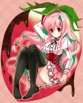  1girl arm_up black_legwear chocolate corset food food_as_clothes food_themed_clothes frills fruit green_hair hat juliet_sleeves long_hair long_sleeves multicolored_hair original pink pink_background pink_hair puffy_sleeves red_eyes skirt smile solo strawberry sumomo_(peach-breath) thigh-highs two-tone_hair 