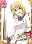  1girl blonde_hair card charlotte_dunois infinite_stratos long_hair looking_at_viewer military military_uniform mister_(black_and_white) name_tag open_mouth ribbon smile solo standing star uniform violet_eyes 