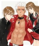  1girl 2boys brown_eyes brown_hair collar fate/extra_ccc fate_(series) female_protagonist_(fate/extra) grey_eyes jacket long_hair male_protagonist_(fate/extra) multiple_boys open_clothes open_jacket red_jacket school_uniform sukumaraku 