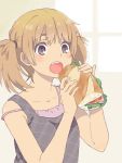  1girl blush bread brown_eyes brown_hair camisole eating food lettuce mattaku_mosuke open_mouth original pinky_out sandwich solo strap_slip tomato twintails window 