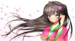  1girl blush breasts brown_hair bust cherry_blossoms face flower green_eyes hair_flower hair_ornament japanese_clothes kimono large_breasts long_hair mataro original petals solo white_background 