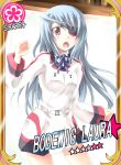  1girl blush card eyepatch infinite_stratos laura_bodewig long_hair military military_uniform mister_(black_and_white) name_tag open_mouth red_eyes ribbon silver_hair solo standing star uniform 