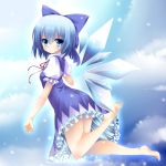  1girl bare_legs barefoot blue_eyes blue_hair blue_sky blush bow cirno clouds dress flying frills frown hair_bow k_liss_s legs_up light_particles looking_at_viewer puffy_short_sleeves puffy_sleeves ribbon short_sleeves sky solo touhou wedgie wings 