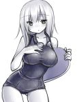  blush breasts goggles kickboard large_breasts long_hair monochrome original school_swimsuit standing swimsuit tsukumiya_amane 