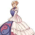  1girl alternate_hairstyle blonde_hair bow breasts crying hair_bow hair_bun hair_up highres huge_breasts long_dress no_hat no_headwear short_hair simple_background solo tears touhou un:coo_(nit) white_background yakumo_yukari yin_yang 