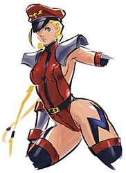  1girl ahoge alternate_costume blonde_hair blue_eyes braid breasts cammy_white capcom cosplay hat leotard long_hair lowres marker_(medium) no_legs official_art peaked_cap scar shoulder_pads sideboob sketch solo street_fighter street_fighter_iv thigh-highs traditional_media twin_braids vega vega_(cosplay) 