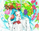  1girl apple blue_hair bust cherry flower food food_as_clothes fruit grapes hat hinanawi_tenshi long_hair melon ogino_(oginogino) open_mouth peach red_eyes solo strawberry touhou 