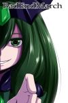  1girl bad_end_march bad_end_precure bloom character_name dark_persona green_eyes green_hair hair_ornament highres long_hair magical_girl nishi_koutarou out_of_frame portrait precure simple_background smile_precure! solo white_background 