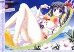  1girl :o absurdres bikini black_hair breasts clock dengeki_moeou eating erect_nipples flower food front-tie_top fruit grapes green_eyes hair_flower hair_ornament hammock hibiscus highres huge_filesize knees_together_feet_apart legs legs_up nanao_naru side-tie_bikini side_ponytail sky slippers swimsuit tagme 