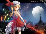  1girl back bare_shoulders blonde_hair elbow_gloves flandre_scarlet gloves hddkwar highres long_hair moon ponytail red_eyes solo sword touhou weapon white_gloves wings 