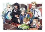  2girls 3boys angry bag beret black_hair blue_hair brown_hair cabbage cat crossed_arms eating elle_mel_martha food formal fruit gaias glasses gloves green_eyes groceries grocery_bag hand_on_another&#039;s_head hat height_difference julius_will_kresnik kiragera long_hair ludger_will_kresnik lulu_(tales_of_xillia_2) maebari multicolored_hair multiple_boys multiple_girls muse_(tales_of_xillia) necktie orange potato red_eyes shopping_bag smile spring_onion suit tales_of_(series) tales_of_xillia tales_of_xillia_2 tomato twintails two-tone_hair white_hair 