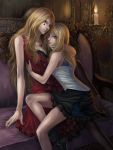  2girls bare_shoulders black_legwear blonde_hair blue_eyes boots facial_tattoo hug jewelry long_hair looking_at_viewer looking_back multiple_girls necklace original pantyhose pengnangehao siblings sisters sitting skirt smile tattoo 