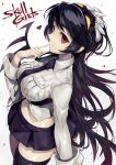  black_hair breasts filia_(skullgirls) finger_to_mouth hairband heart large_breasts long_hair red_eyes shrimpman single_thighhigh skirt skullgirls solo thigh-highs title_drop very_long_hair 