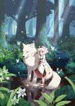  1girl animal_ears butterfly coco0932 detached_sleeves flower forest hat hat_ribbon inubashiri_momiji landscape long_sleeves nature red_eyes reflection ribbon river shirt short_hair silver_hair skirt solo sunlight tail tokin_hat touhou tree water wide_sleeves wolf wolf_ears wolf_tail 