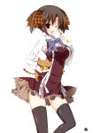  1girl :&lt; ;d =&lt; absurdres black_legwear brown_eyes brown_hair cat dress ebiten_(manga) highres inugami_kira long_sleeves open_mouth smile thigh-highs todayama_kyouko wink zettai_ryouiki |_| 