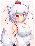  1girl :3 animal_ears bare_shoulders breasts detached_sleeves heart highres inubashiri_momiji kane-neko looking_at_viewer paw_print pink_eyes solo tail touhou white_hair wolf_ears wolf_tail 