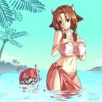  1boy 1girl animal_ears bare_shoulders beach bikini breasts brown_eyes brown_hair cow_ears cow_girl cow_horns cow_print dated diving_mask goggles horns huge_breasts junkpuyo mattie_(matsu-sensei) midriff navel original sarong snorkel swimming swimsuit tubetop twintails under_boob 