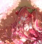  1girl aka_tonbo_(lililil) cherry cherry_blossoms detached_sleeves food fruit hatsune_miku long_hair looking_at_viewer necktie open_mouth pink_eyes pink_hair sakura_miku sitting skirt solo thigh-highs very_long_hair vocaloid 