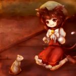  1girl absurdres amanojaku animal animal_ears bow brown_eyes brown_hair cat cat_ears cat_tail chen fish hat highres kneeling multiple_tails shoes short_hair sitting socks solo tail touhou 