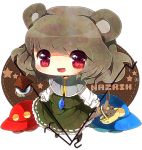 1girl animal_ears basket capelet character_name chibi gem grey_hair jeweled_pagoda mouse mouse_ears mouse_tail nazrin open_mouth red_eyes ringed_eyes sei_(artist) simple_background smile star tail touhou ufo weather_vane