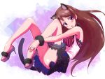  1girl aikatsu! animal_ears blush brown_hair cat_ears cat_tail dress fur high_heels highres leg_garter leg_hug legs_up long_hair nyama open_mouth shibuki_ran shoes sitting solo striped tail violet_eyes wrist_cuffs 