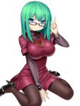  1girl blue_eyes breasts brown_legwear glasses green_hair high_heels index_finger_raised jewelry large_breasts necklace original pantyhose raised_finger shoes short_hair simple_background sitting smile solo tsukumiya_amane wariza white_background 