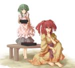  2girls alternate_costume barefoot blue_eyes box finger_to_mouth food frilled_apron green_hair hair_bobbles hair_ornament japanese_clothes kimono kitsune_maru knee_up licking_finger long_sleeves looking_at_another looking_away messy multiple_girls obi onozuka_komachi payot red_eyes redhead shiki_eiki short_hair simple_background sitting smile table touhou twintails white_background 