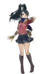  1girl bandages black_hair bracer capcom fanny_pack green_eyes gyakuten_kenji gyakuten_saiban high_ponytail highres ichijou_mikumo japanese_clothes key kneehighs long_hair miniskirt official_art onimusha_soul pleated_skirt scarf scrunchie skirt smile solo tabi 